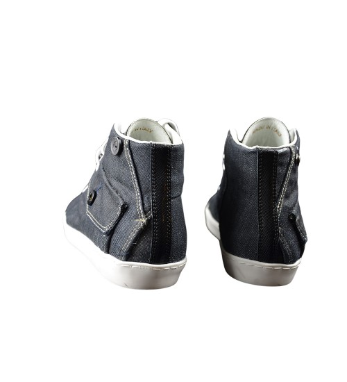 Handmade sneaker black leather and black fashion material.